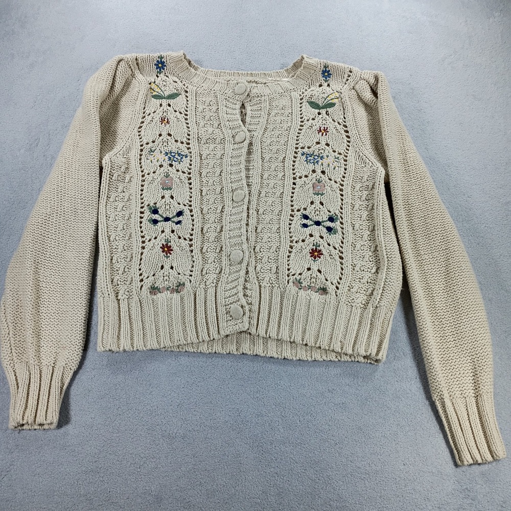 Lucky Brand Women Embroidered Pointelle Cardigan Beige Large Floral Knit